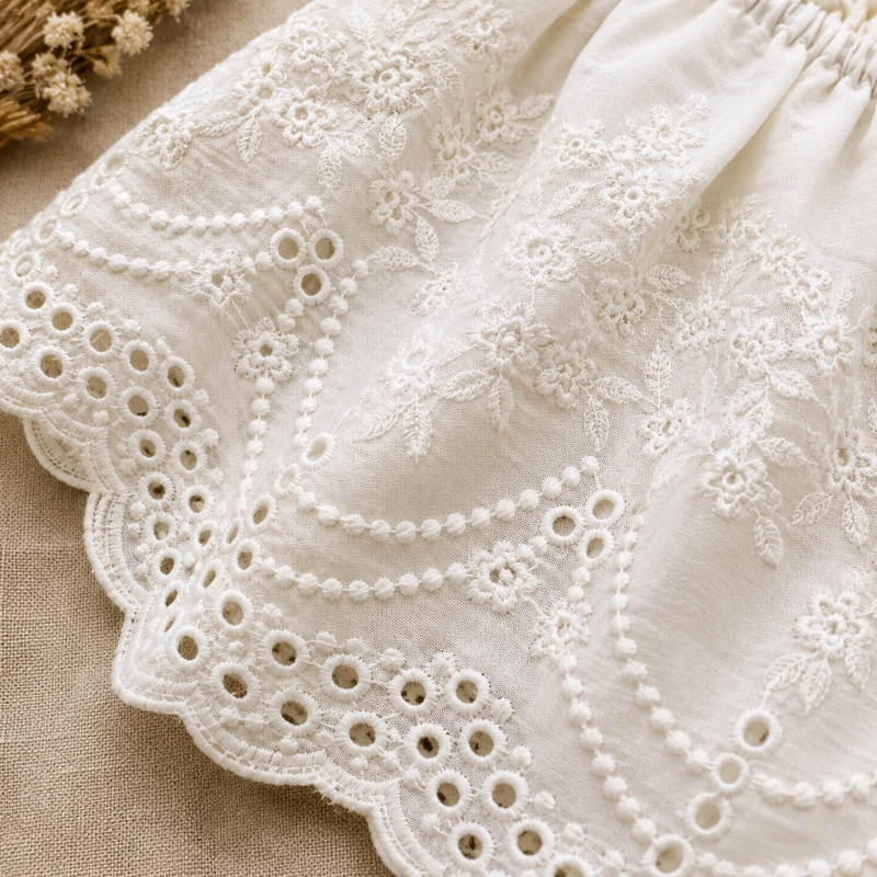 Close-up of floral embroidery and scalloped eyelet detail on the white fabric