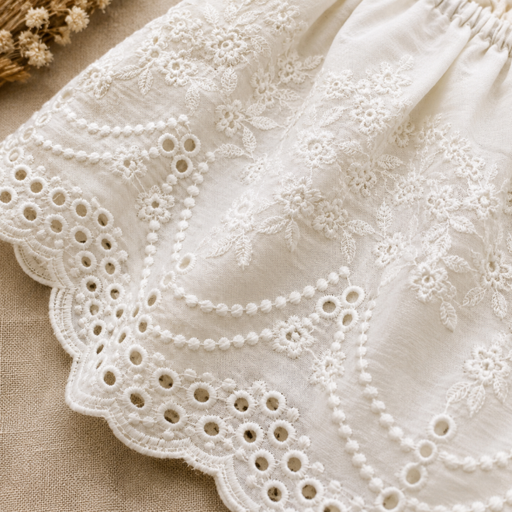 Close-up of floral embroidery and scalloped eyelet detail on the white fabric