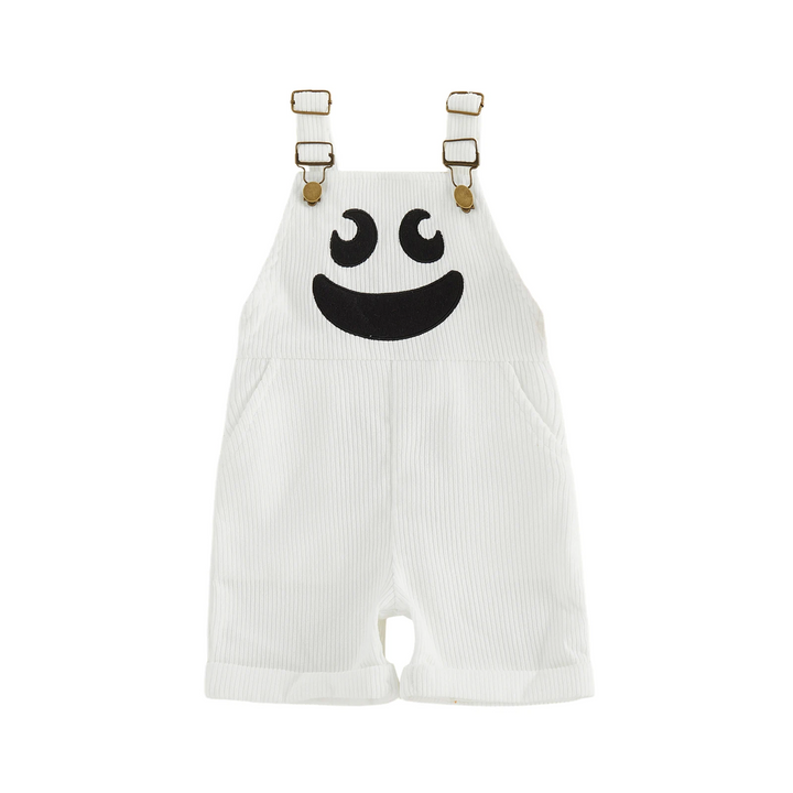 White ribbed ghost overalls with a smiling black face and adjustable shoulder straps.