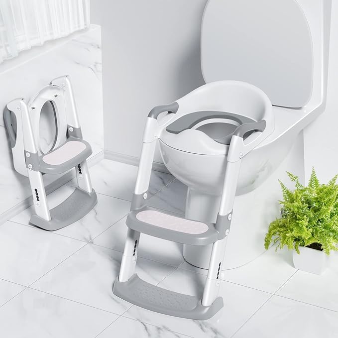 White and gray toilet training seat shown fitted on a toilet and folded beside it
