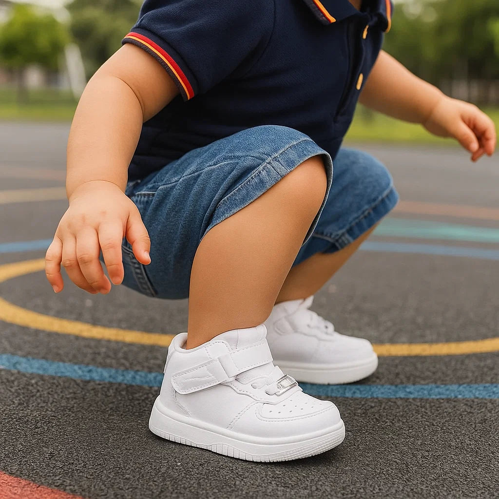 Child crouching on a playground in denim shorts and white high-top sneakers