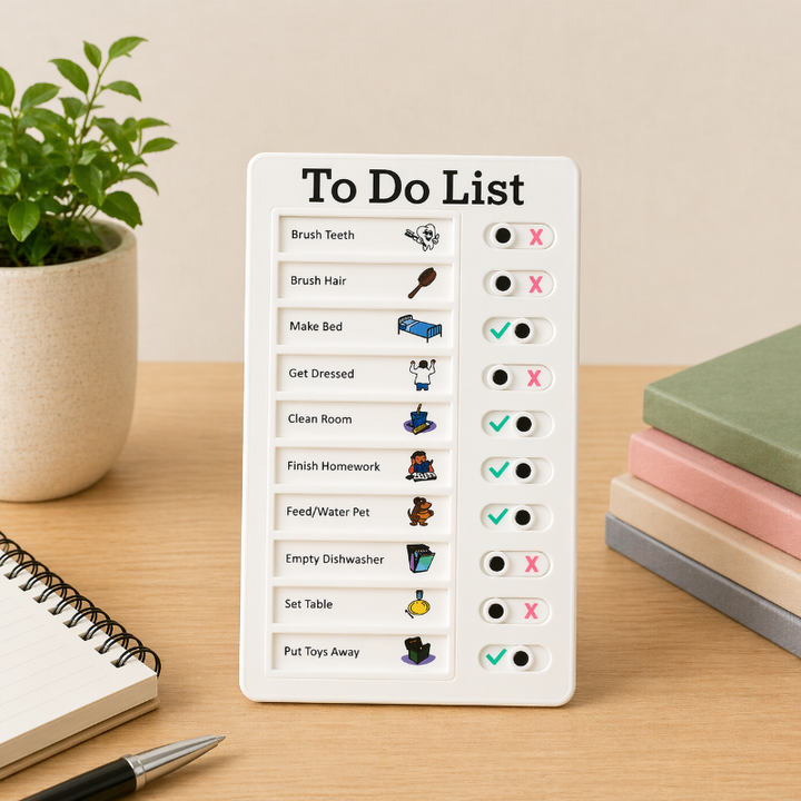 White chore chart with illustrated daily tasks and sliding completion indicators.