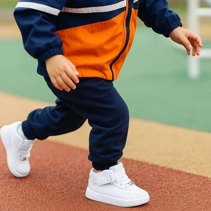 Child wearing white high-top sneakers with a navy and orange tracksuit outdoors
