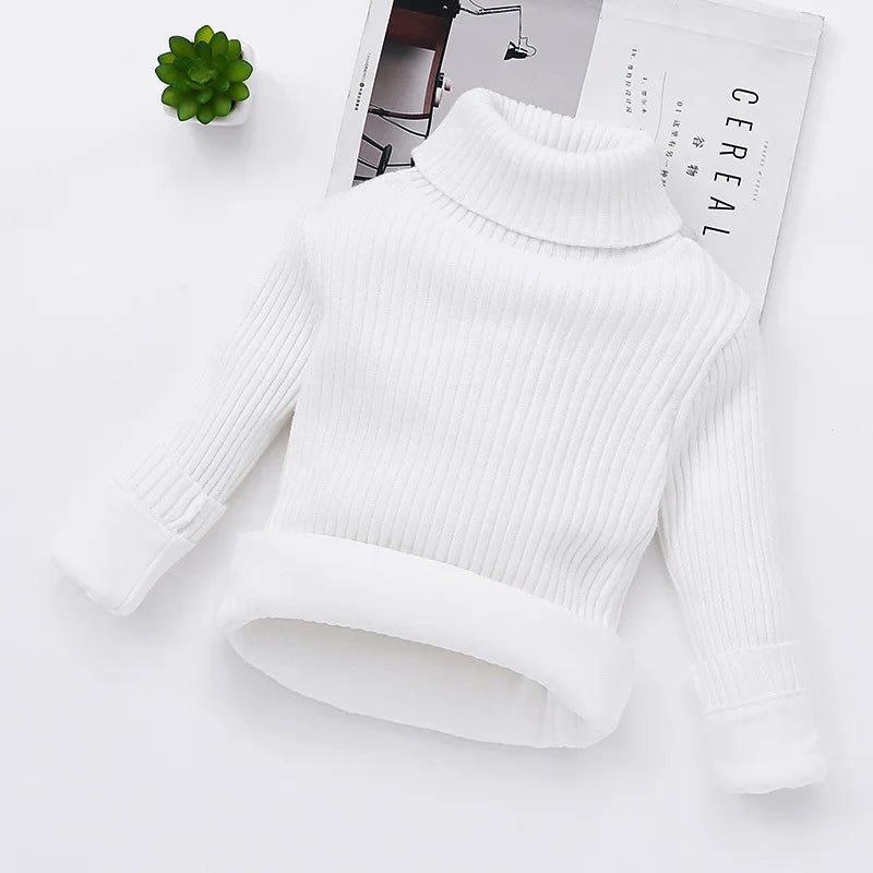 White long-sleeve ribbed turtleneck sweater with the soft lining turned outward