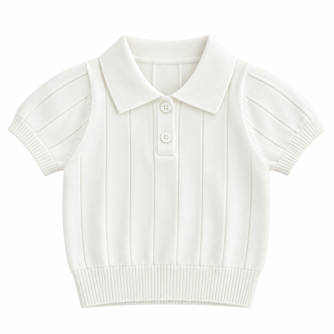 White short-sleeve knit polo shirt with a classic collar and vertical texture