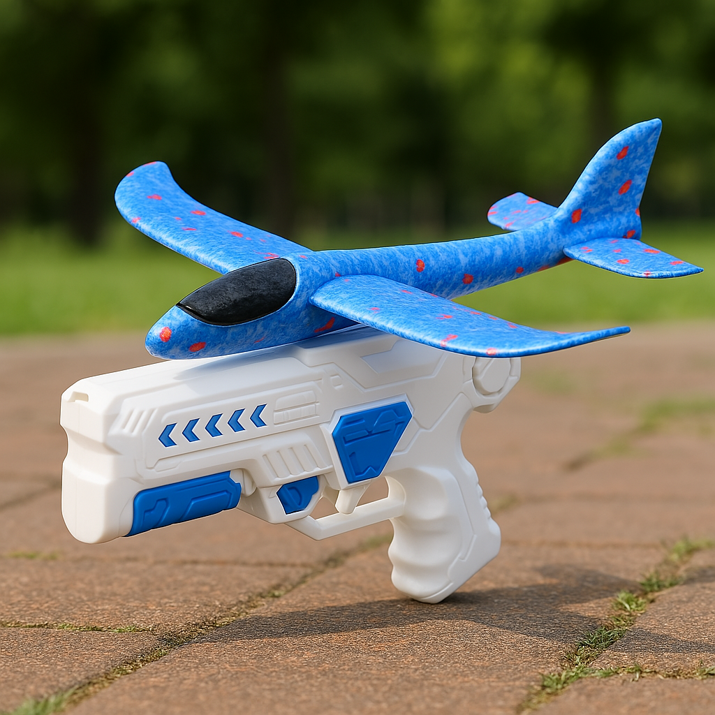 White launcher with blue accents holding a blue foam airplane on outdoor paving