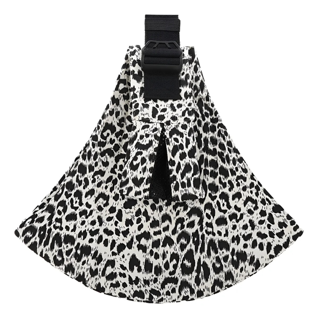 White hip carrier with black leopard spots and an adjustable black strap