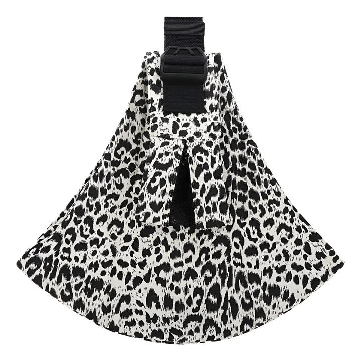 White hip carrier with black leopard spots and an adjustable black strap
