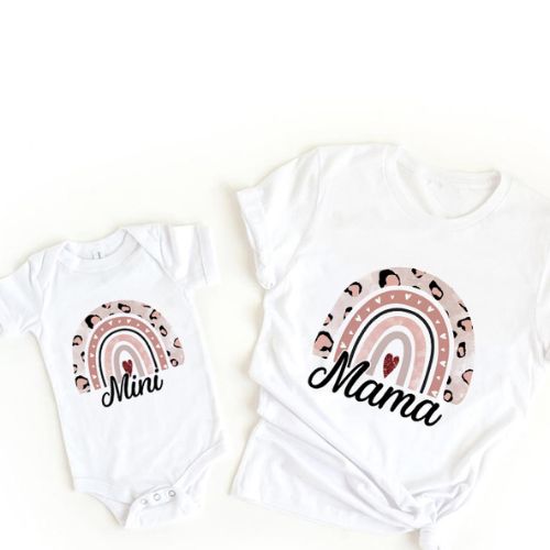 White mama T-shirt and mini baby bodysuit with leopard-edged rainbows and script lettering