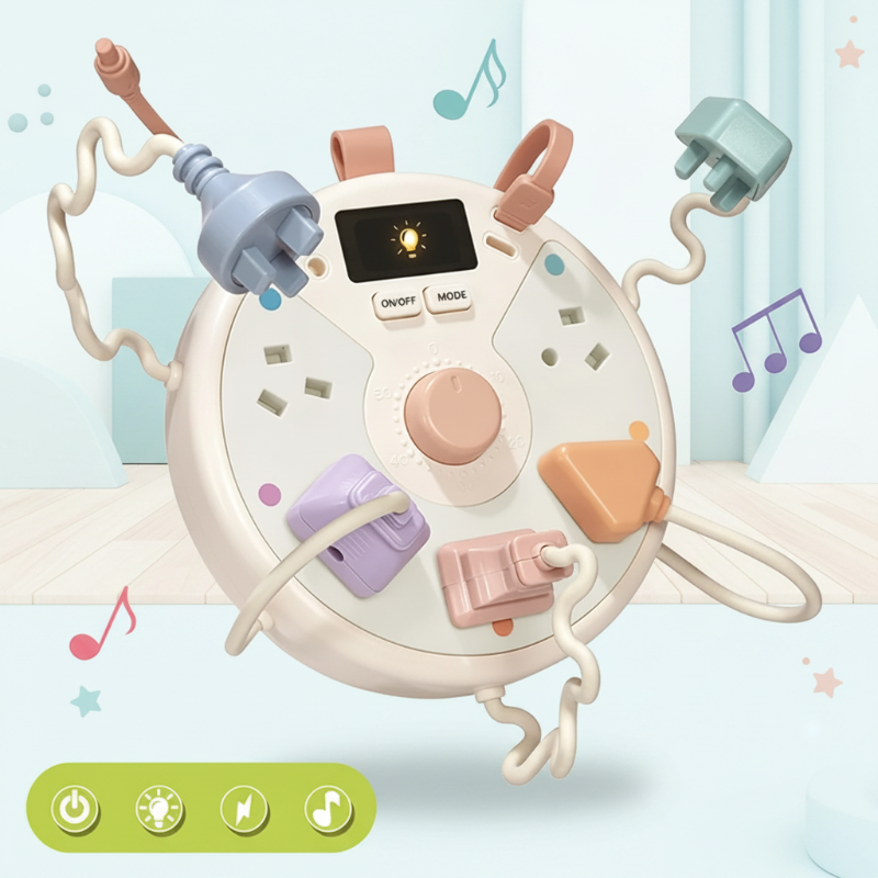 White light-up busy board with pastel plugs, a peach dial and a light-bulb display