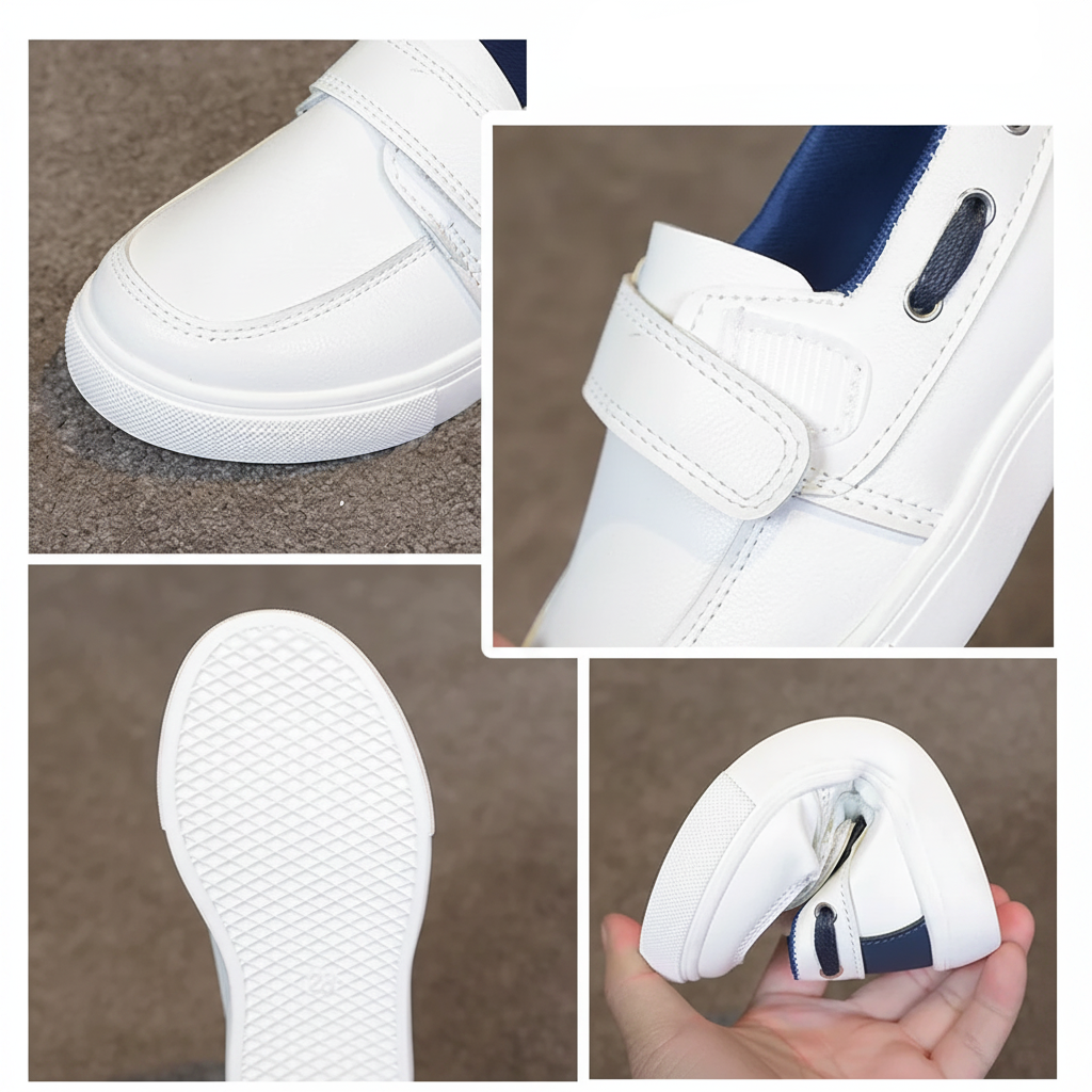 White loafer sneaker details showing toe stitching, strap closure, textured outsole and sole flexibility
