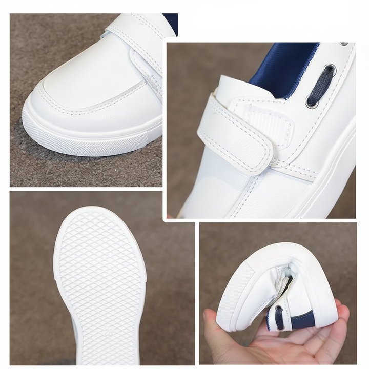 White loafer sneaker details showing toe stitching, strap closure, textured outsole and sole flexibility