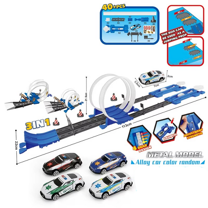 White-loop race track set with blue launchers, police-style cars, and a parts diagram.