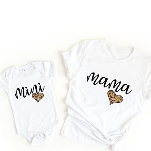 White mama T-shirt and mini baby bodysuit with black lettering and leopard-print hearts