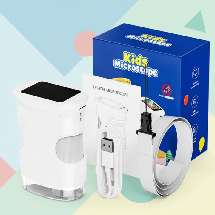 White digital microscope beside its box, USB charging cable, and carrying strap