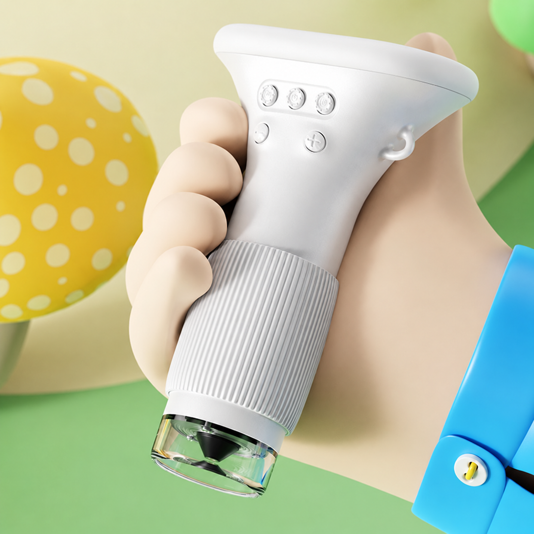 White microscope held in one hand, showing its textured grip and control buttons.
