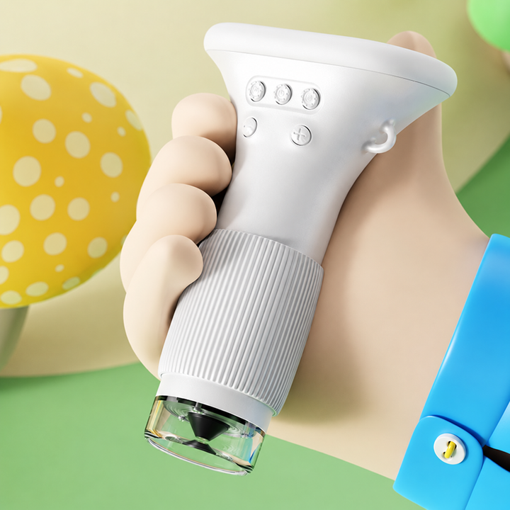White microscope held in one hand, showing its textured grip and control buttons.