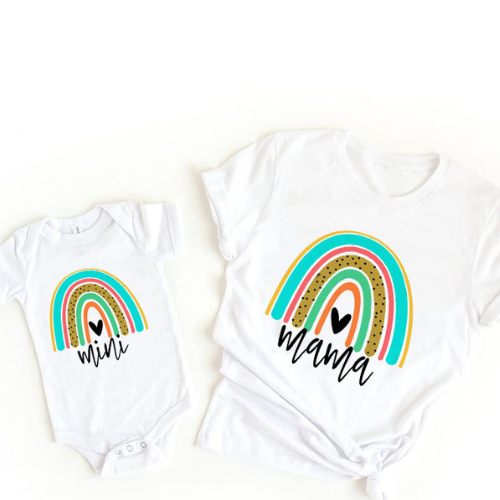 White mama T-shirt and mini baby bodysuit with multicolored rainbows and small black hearts