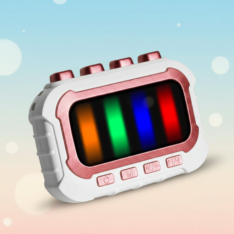 White musical fidget game with pink trim, four top buttons, and a colorful light display.