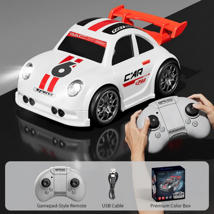 White RC car without camera shown with a gamepad-style remote, USB cable, and box