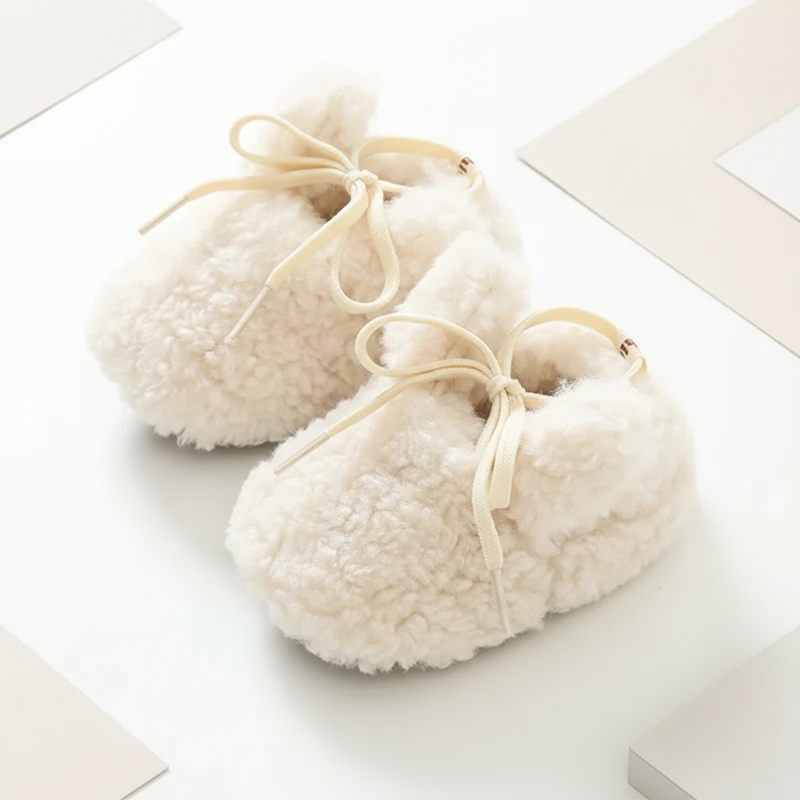 White plush baby shoes with cream laces and rounded ear details