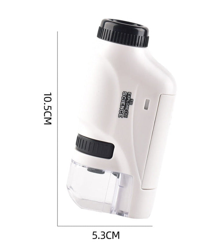 White pocket microscope with measurements showing 10.5 cm height and 5.3 cm width.