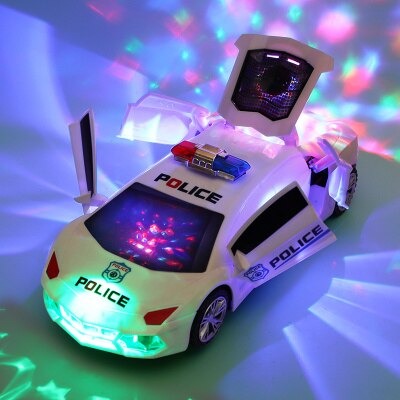 White police-style stunt car with raised doors, glowing front lights, and colored lights on the floor.