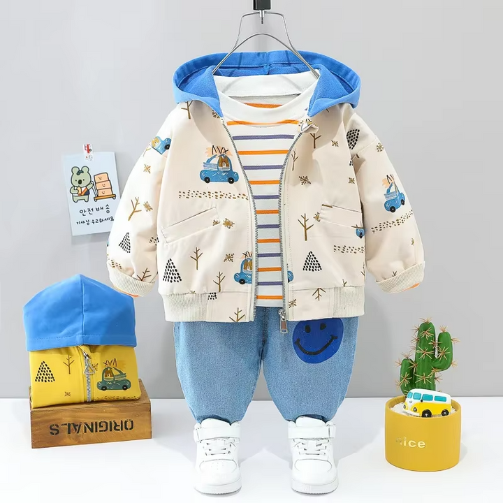 White printed jacket with a blue hood, striped T-shirt, and light blue pants