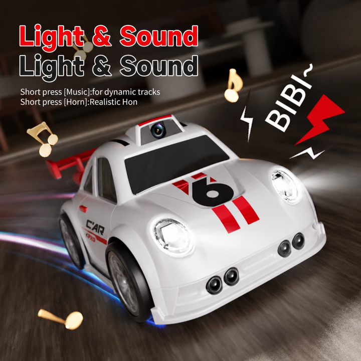 White RC stunt car with headlights and light, music, and horn functions illustrated