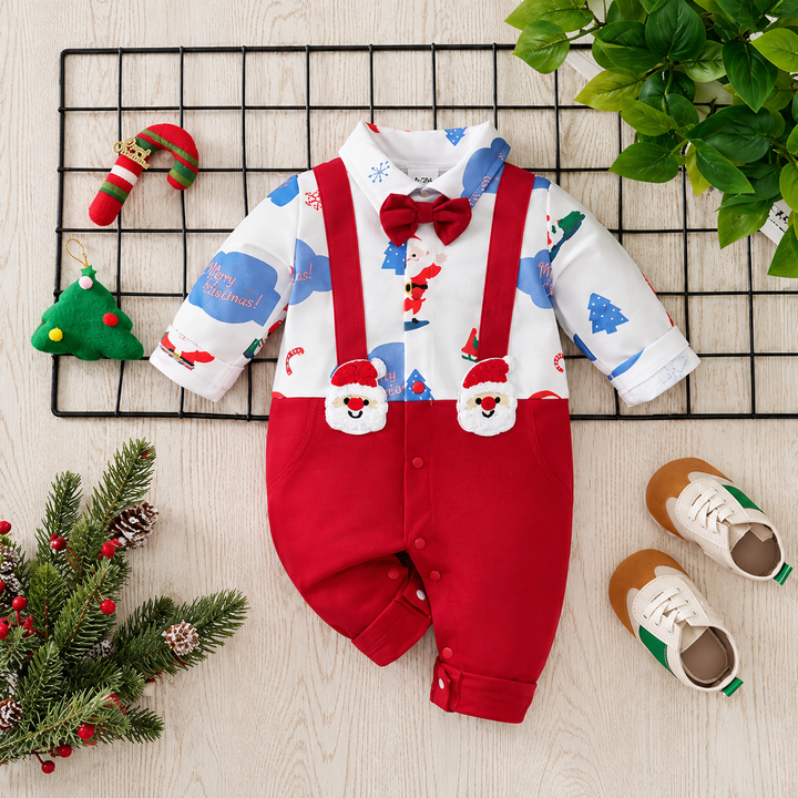 White and red baby Christmas romper with a bow tie and suspender-style details