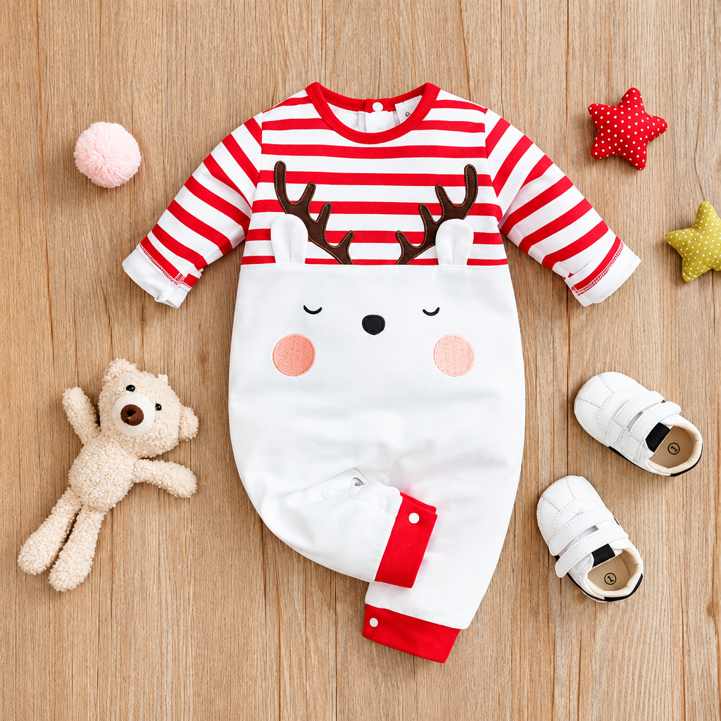 White baby reindeer romper with red-and-white striped sleeves and a reindeer face design