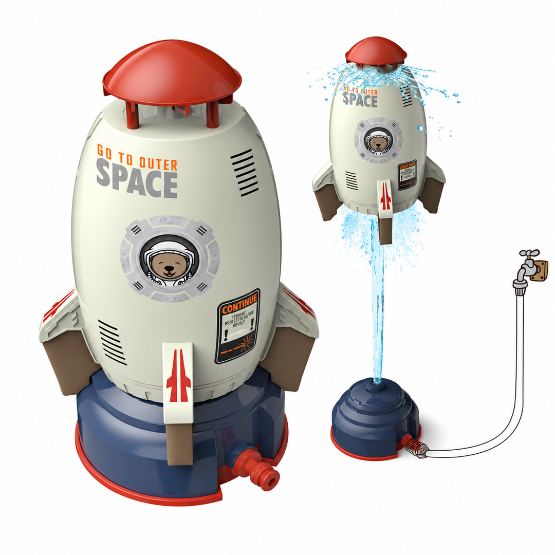 White rocket sprinkler on a blue base and rising on a water jet beside a hose connection diagram