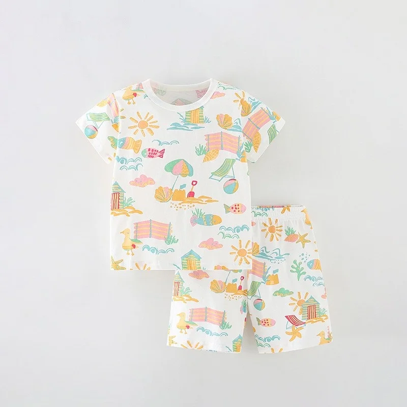 White T-shirt and matching shorts with a colorful seaside print