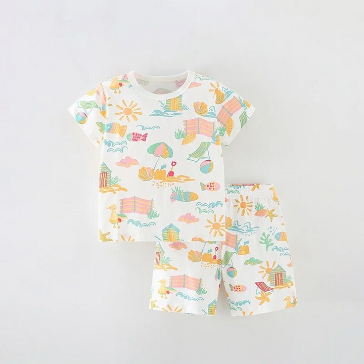 White T-shirt and matching shorts with a colorful seaside print