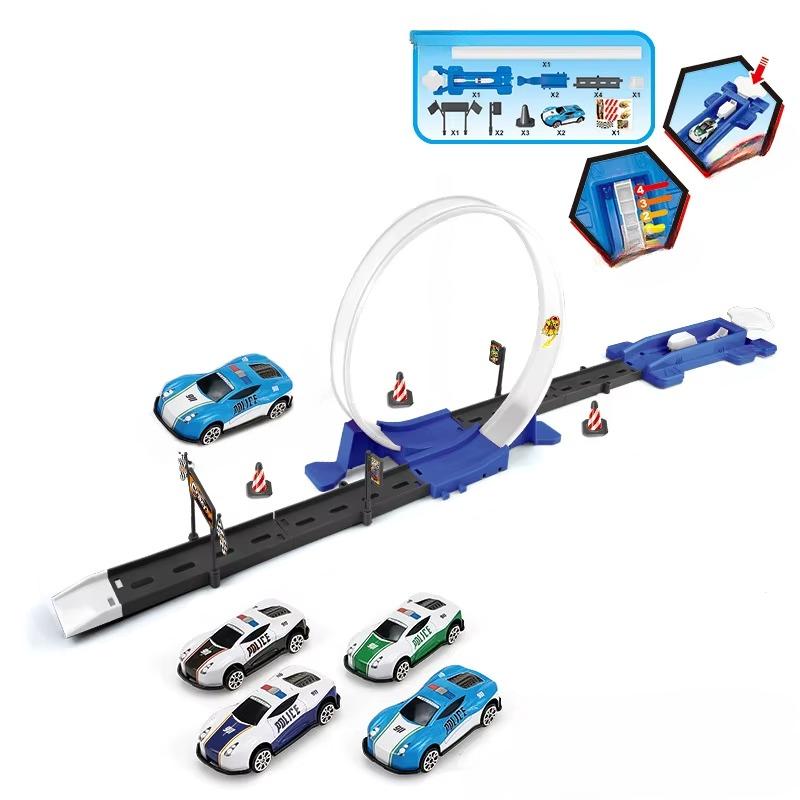 White single-loop track with a blue launcher, police-style cars, and a parts guide.