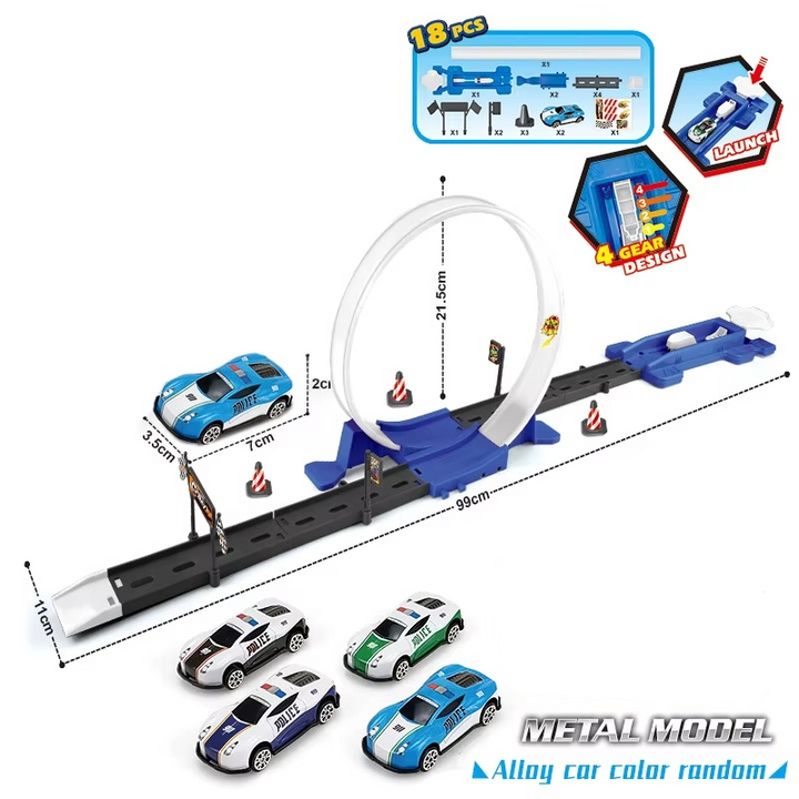 White single-loop 18-piece track set with police-style cars and measurement guides.