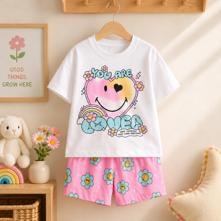 White smiley-and-flower graphic T-shirt with pink daisy-print shorts