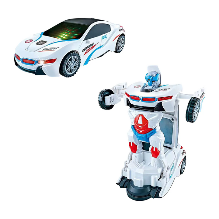 White sports car toy with colored graphics shown in vehicle and robot forms