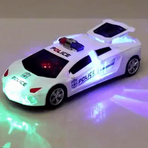 White police-style toy car with colorful lights illuminating its body and the surrounding floor.