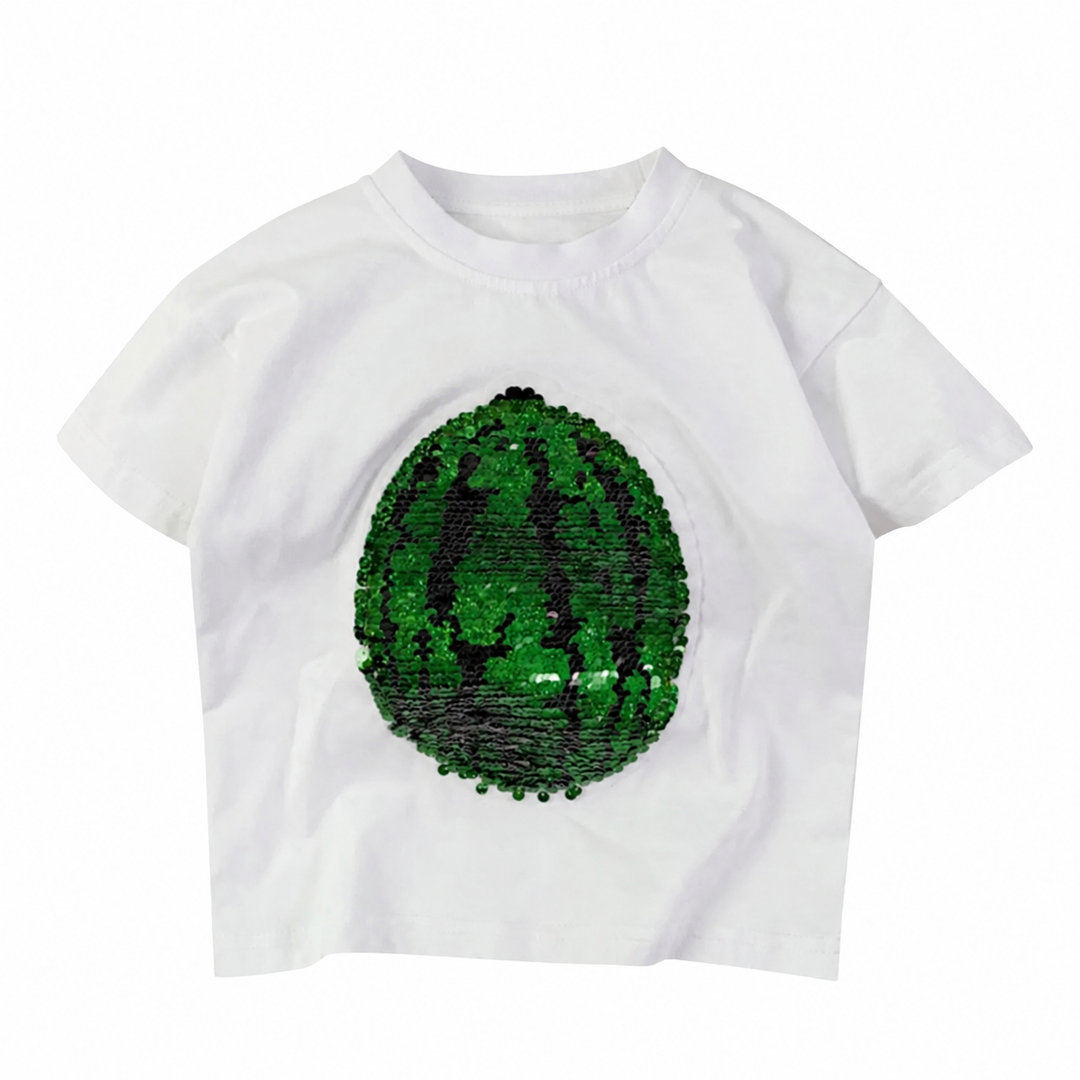 White short-sleeve T-shirt with a green watermelon rind sequin design