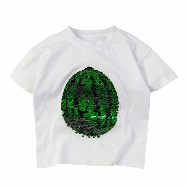 White short-sleeve T-shirt with a green watermelon rind sequin design