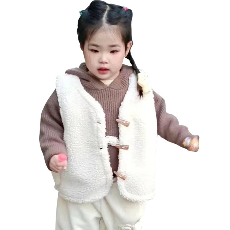 Child modeling a white textured vest with toggle-style closures over a brown sweater