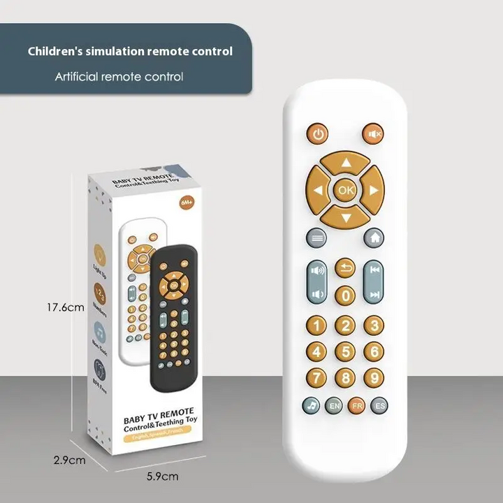 White toy remote beside its retail box with package measurements