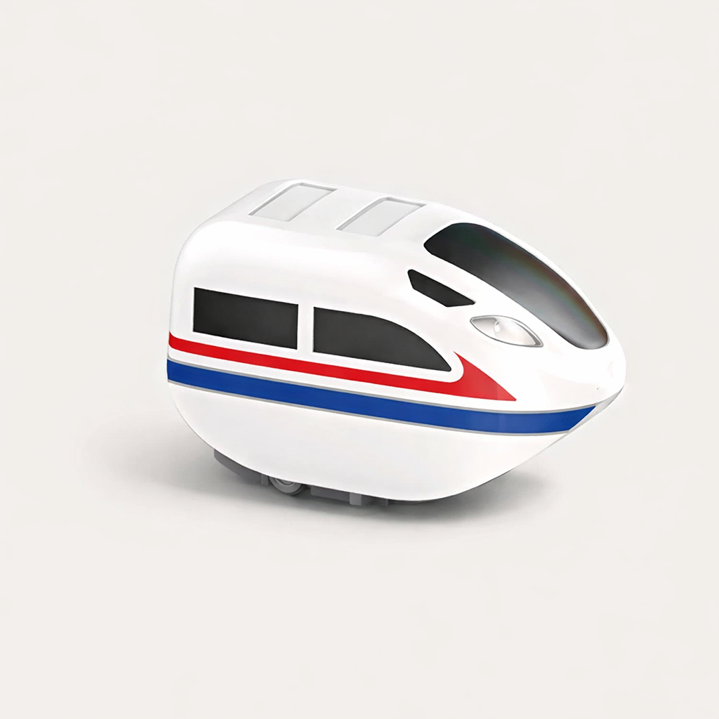 White toy train with black windows and red and blue stripes