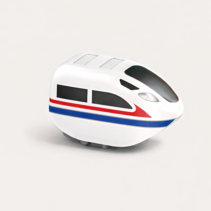 White toy train with black windows and red and blue stripes