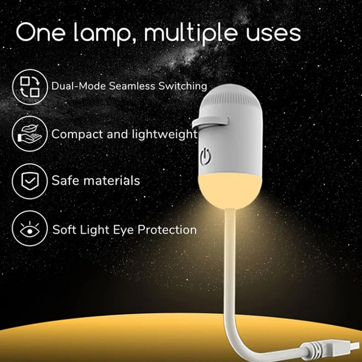 White USB galaxy lamp with an illuminated base and curved flexible neck