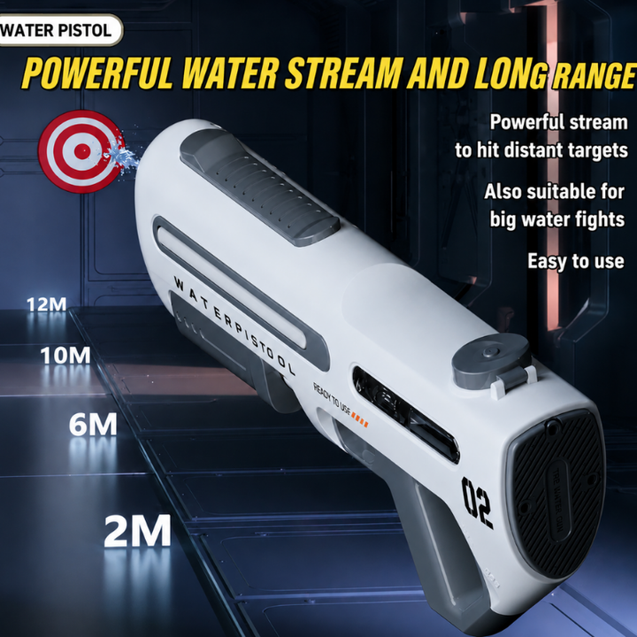 White electric water blaster in a water-stream range graphic with distance markings