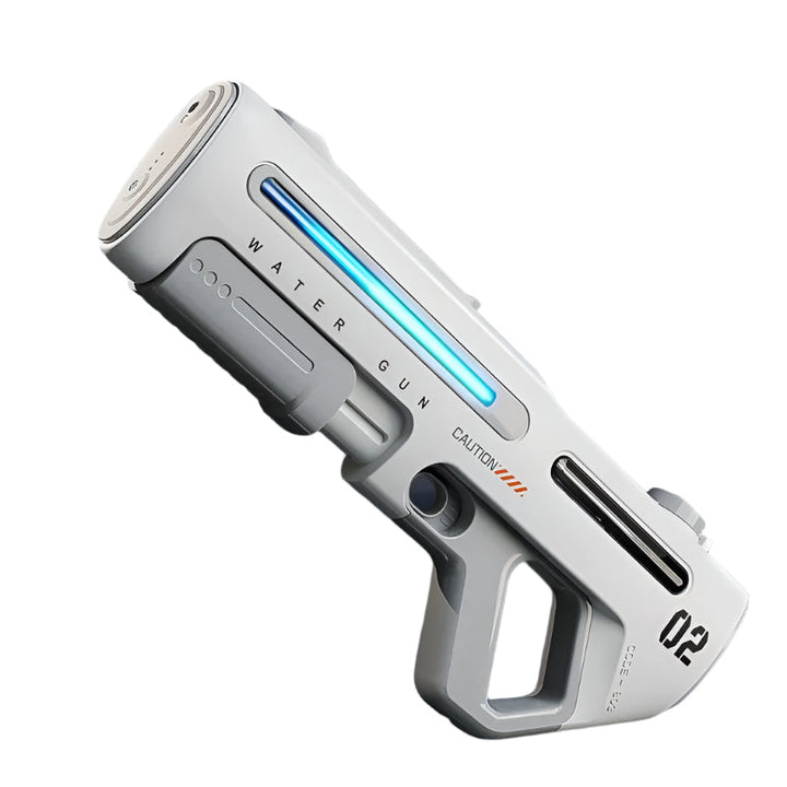 White electric water blaster with an illuminated blue LED strip