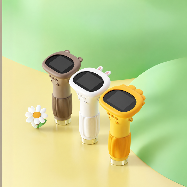 Brown, white, and yellow portable microscopes displayed together.