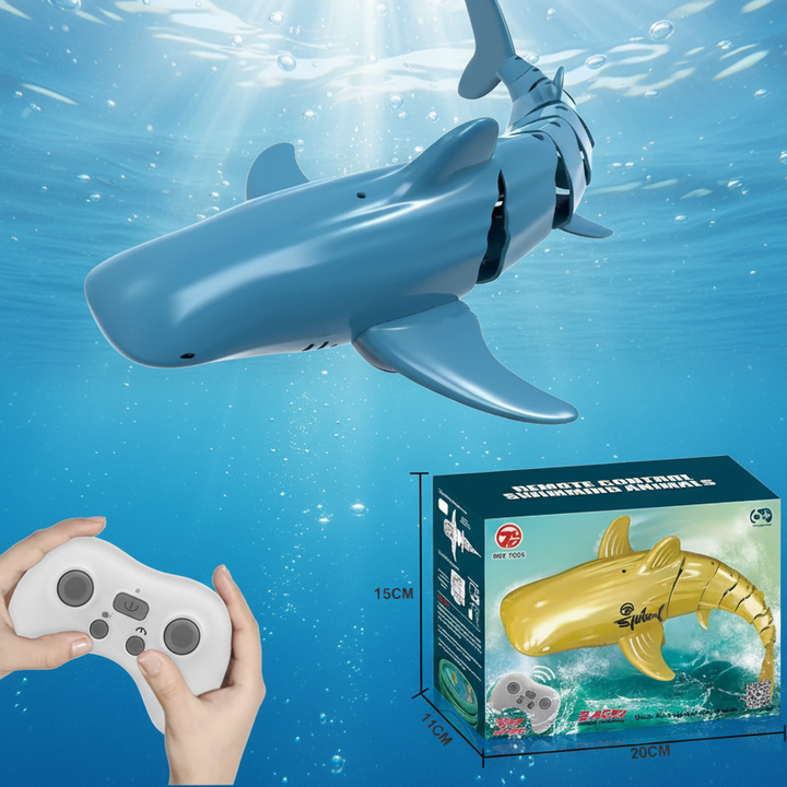 Wide-headed blue RC shark displayed with a handheld controller and retail box